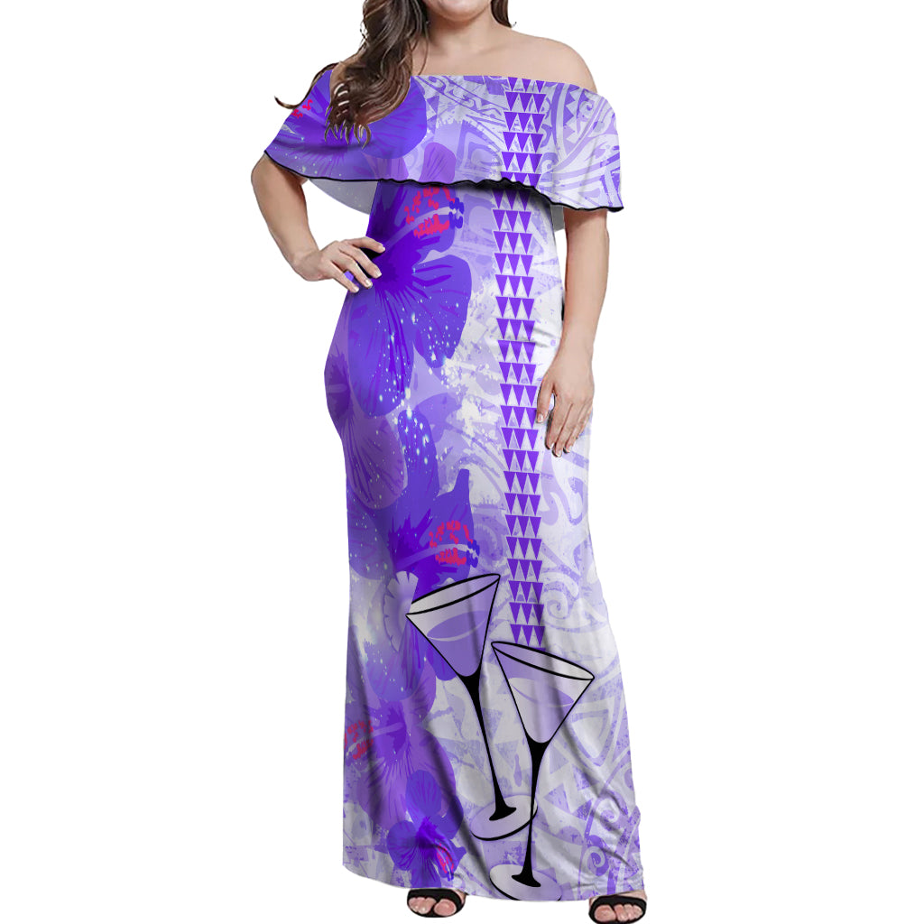 Hawaiian Cocktail Valentine Day Off Shoulder Maxi Dress Hibiscus Kakau Pattern Purple Version LT03 Women Purple - Polynesian Pride