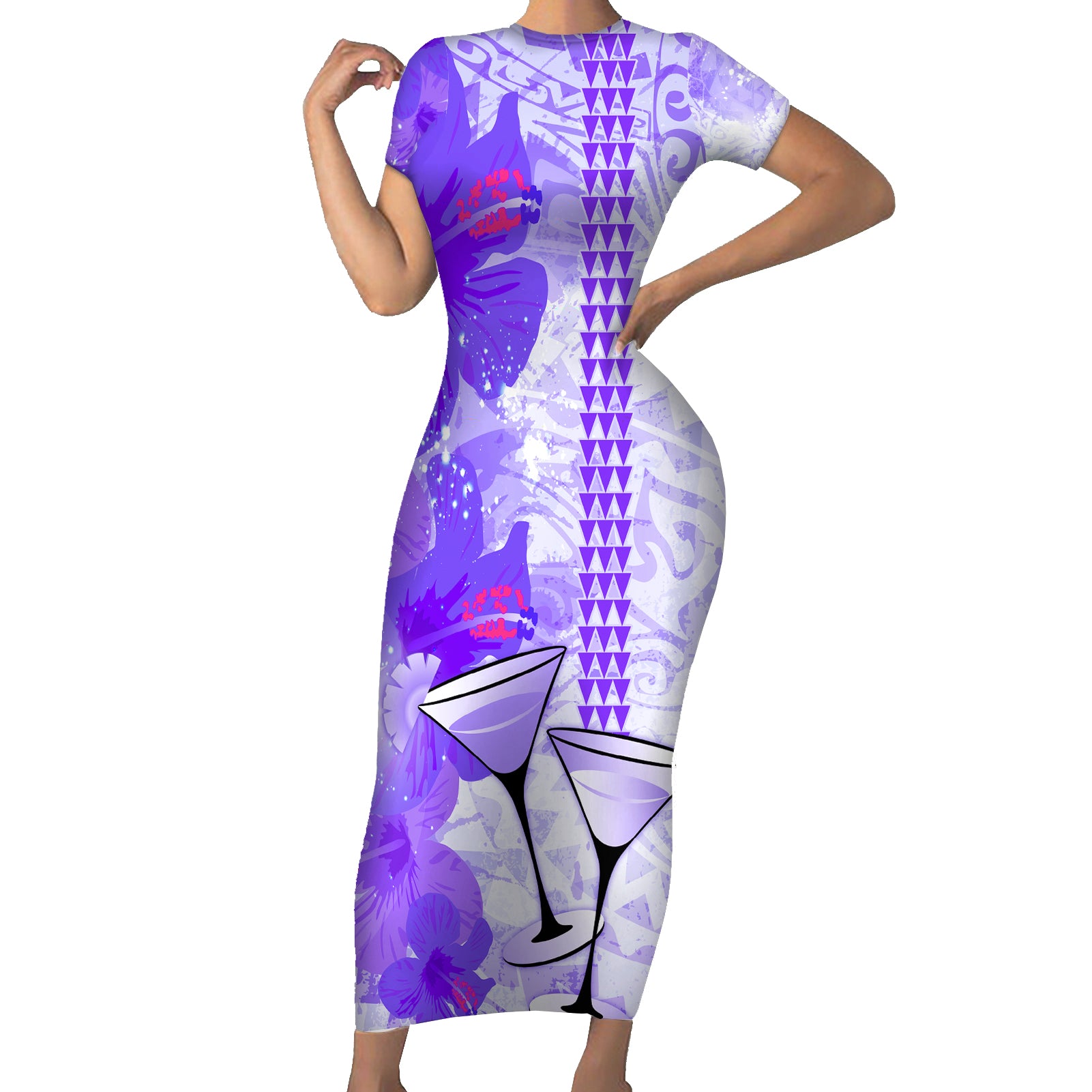 Hawaiian Cocktail Valentine Day Short Sleeve Bodycon Dress Hibiscus Kakau Pattern Purple Version LT03 Long Dress Purple - Polynesian Pride