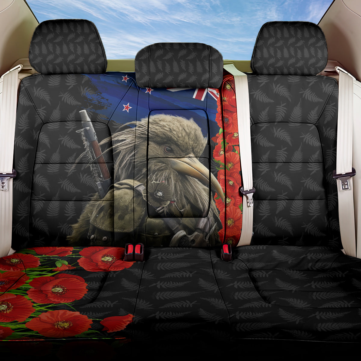 New Zealand Kiwi Soldier ANZAC Back Car Seat Cover Red Poppy Flower and Silver Fern Pattern LT03