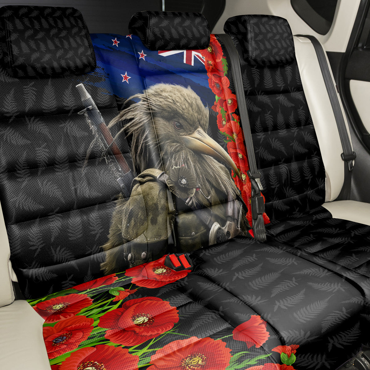 New Zealand Kiwi Soldier ANZAC Back Car Seat Cover Red Poppy Flower and Silver Fern Pattern LT03