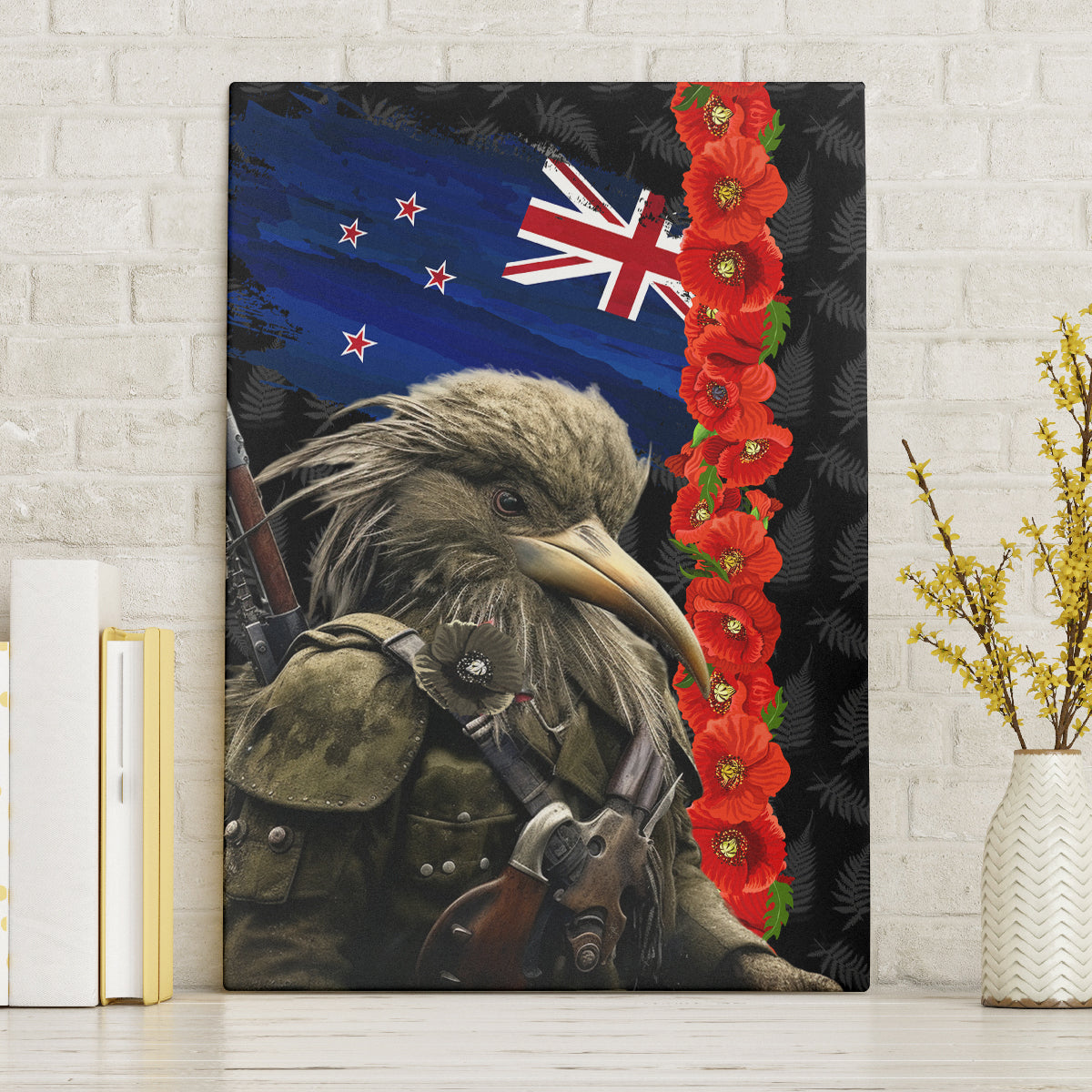 New Zealand Kiwi Soldier ANZAC Canvas Wall Art Red Poppy Flower and Silver Fern Pattern LT03 Without Frame Black - Polynesian Pride