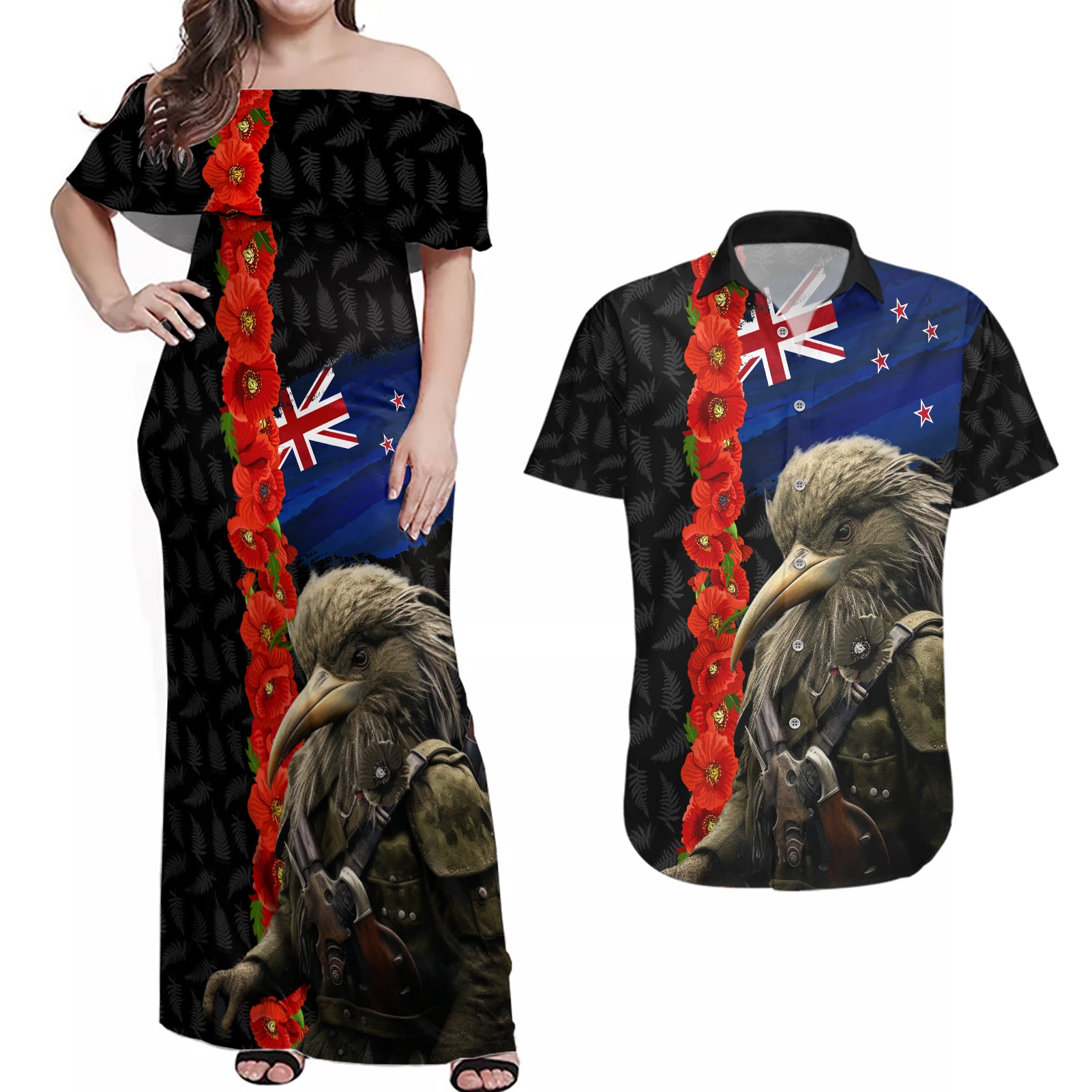 New Zealand Kiwi Soldier ANZAC Couples Matching Off Shoulder Maxi Dress and Hawaiian Shirt Red Poppy Flower and Silver Fern Pattern LT03 Black - Polynesian Pride