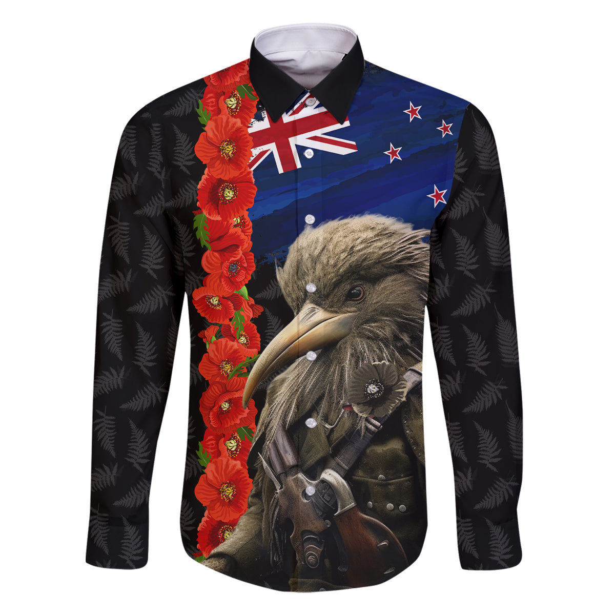 New Zealand Kiwi Soldier ANZAC Family Matching Off Shoulder Short Dress and Hawaiian Shirt Red Poppy Flower and Silver Fern Pattern LT03 Dad's Shirt - Long Sleeve Black - Polynesian Pride