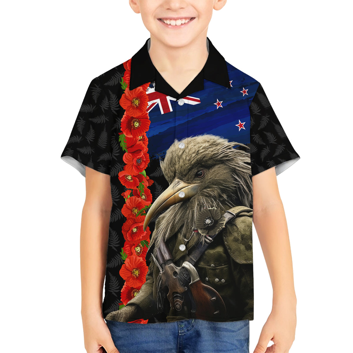 New Zealand Kiwi Soldier ANZAC Family Matching Off Shoulder Short Dress and Hawaiian Shirt Red Poppy Flower and Silver Fern Pattern LT03 Son's Shirt Black - Polynesian Pride
