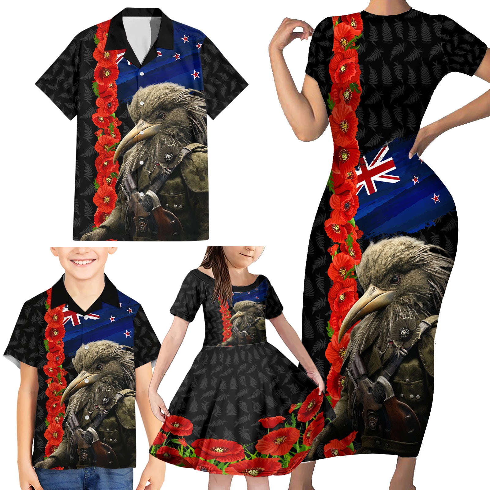 New Zealand Kiwi Soldier ANZAC Family Matching Short Sleeve Bodycon Dress and Hawaiian Shirt Red Poppy Flower and Silver Fern Pattern LT03 - Polynesian Pride