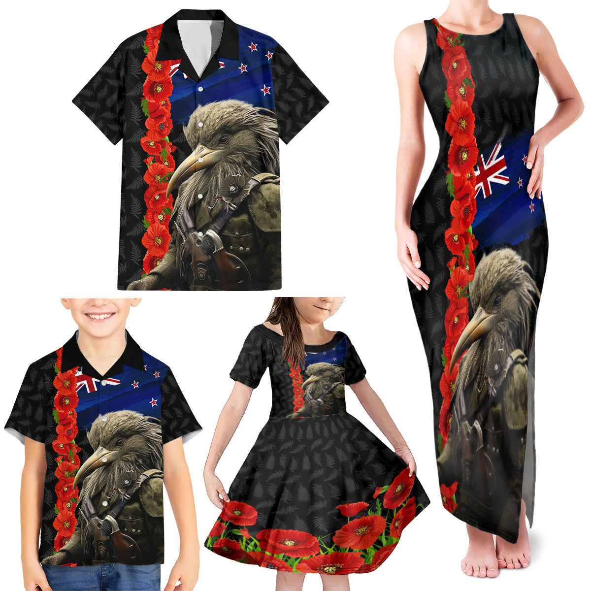 New Zealand Kiwi Soldier ANZAC Family Matching Tank Maxi Dress and Hawaiian Shirt Red Poppy Flower and Silver Fern Pattern LT03 - Polynesian Pride