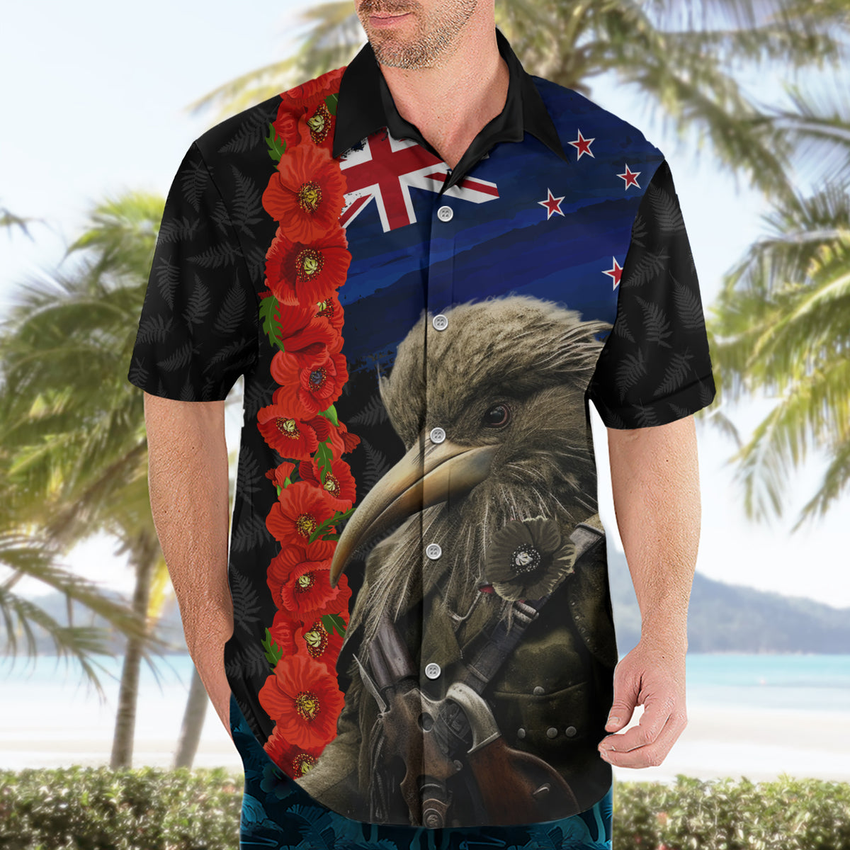 New Zealand Kiwi Soldier ANZAC Hawaiian Shirt Red Poppy Flower and Silver Fern Pattern LT03 - Polynesian Pride