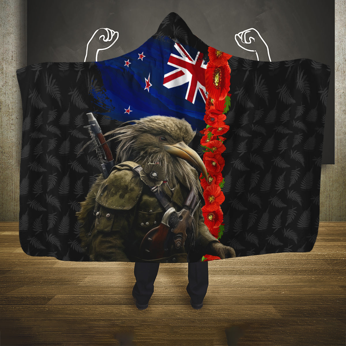 New Zealand Kiwi Soldier ANZAC Hooded Blanket Red Poppy Flower and Silver Fern Pattern LT03 One Size Black - Polynesian Pride