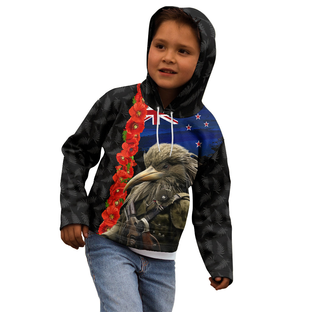 New Zealand Kiwi Soldier ANZAC Kid Hoodie Red Poppy Flower and Silver Fern Pattern LT03 - Polynesian Pride