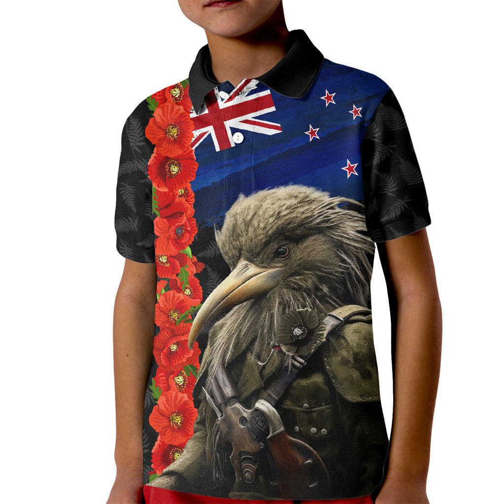 New Zealand Kiwi Soldier ANZAC Kid Polo Shirt Red Poppy Flower and Silver Fern Pattern LT03 Kid Black - Polynesian Pride