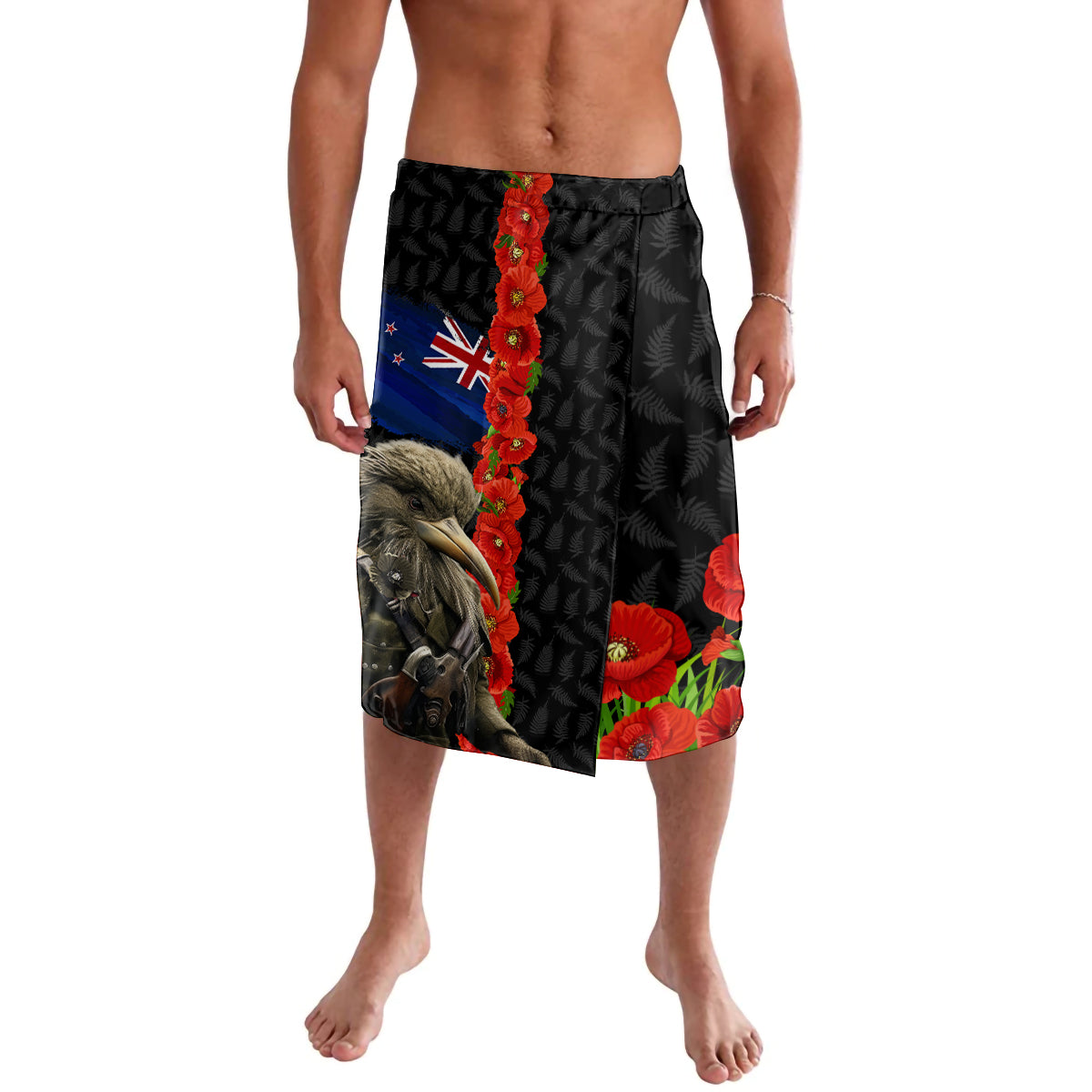 New Zealand Kiwi Soldier ANZAC Lavalava Red Poppy Flower and Silver Fern Pattern LT03 Black - Polynesian Pride