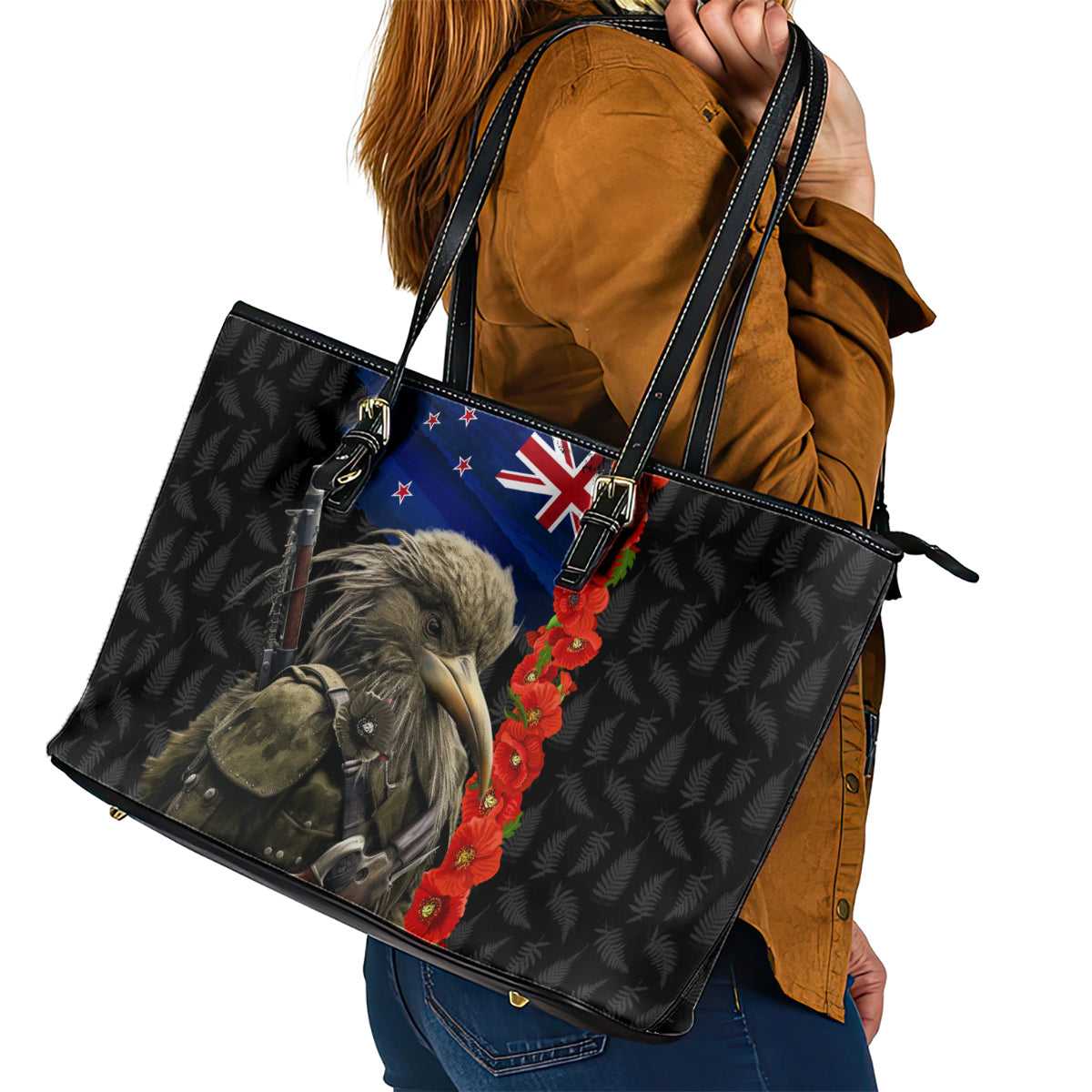 New Zealand Kiwi Soldier ANZAC Leather Tote Bag Red Poppy Flower and Silver Fern Pattern LT03 - Polynesian Pride