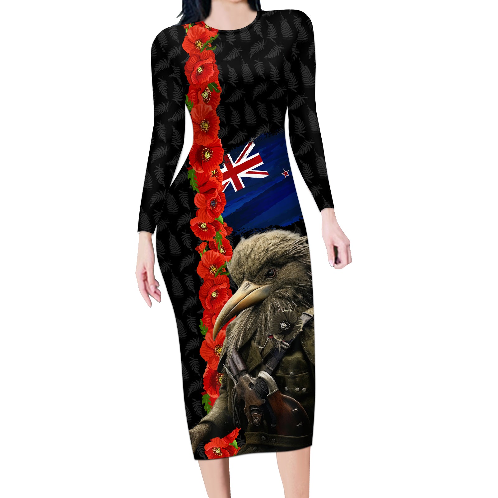 New Zealand Kiwi Soldier ANZAC Long Sleeve Bodycon Dress Red Poppy Flower and Silver Fern Pattern LT03 Long Dress Black - Polynesian Pride