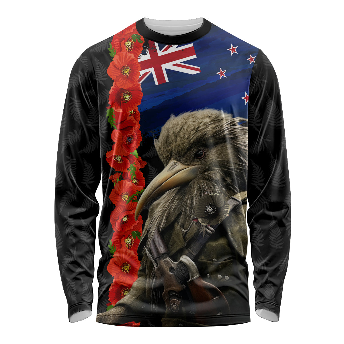 New Zealand Kiwi Soldier ANZAC Long Sleeve Shirt Red Poppy Flower and Silver Fern Pattern LT03 Unisex Black - Polynesian Pride