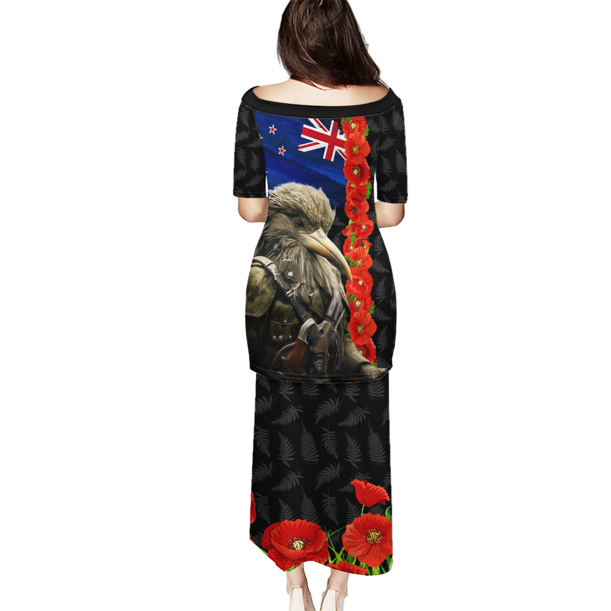 New Zealand Kiwi Soldier ANZAC Puletasi Red Poppy Flower and Silver Fern Pattern LT03 - Polynesian Pride