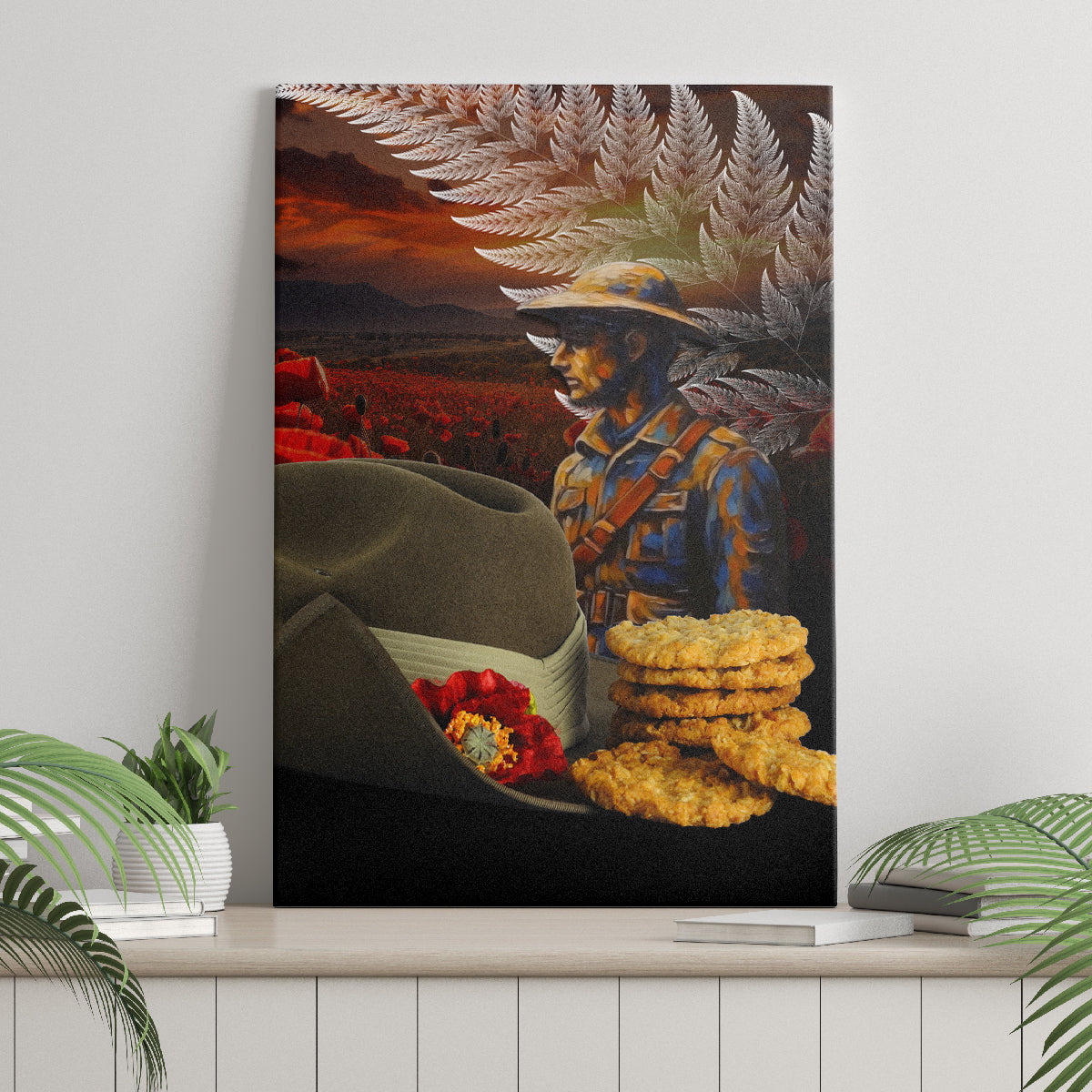 Slouch Hat and Biscuits ANZAC Canvas Wall Art with Soldier Silver Fern LT03 - Polynesian Pride