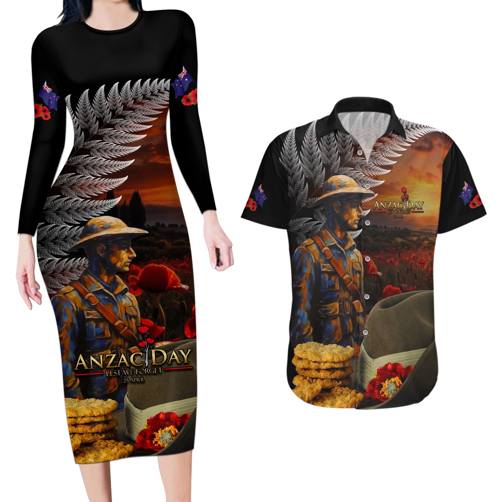 Slouch Hat and Biscuits ANZAC Couples Matching Long Sleeve Bodycon Dress and Hawaiian Shirt with Soldier Silver Fern LT03 Black - Polynesian Pride