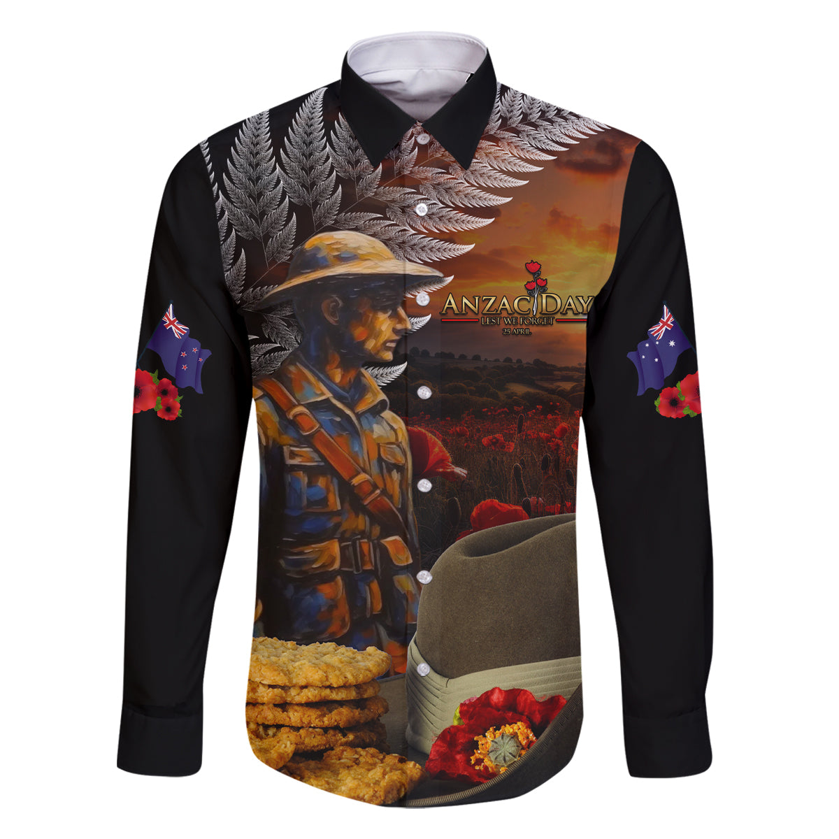 Slouch Hat and Biscuits ANZAC Family Matching Long Sleeve Bodycon Dress and Hawaiian Shirt with Soldier Silver Fern LT03 Dad's Shirt - Long Sleeve Black - Polynesian Pride