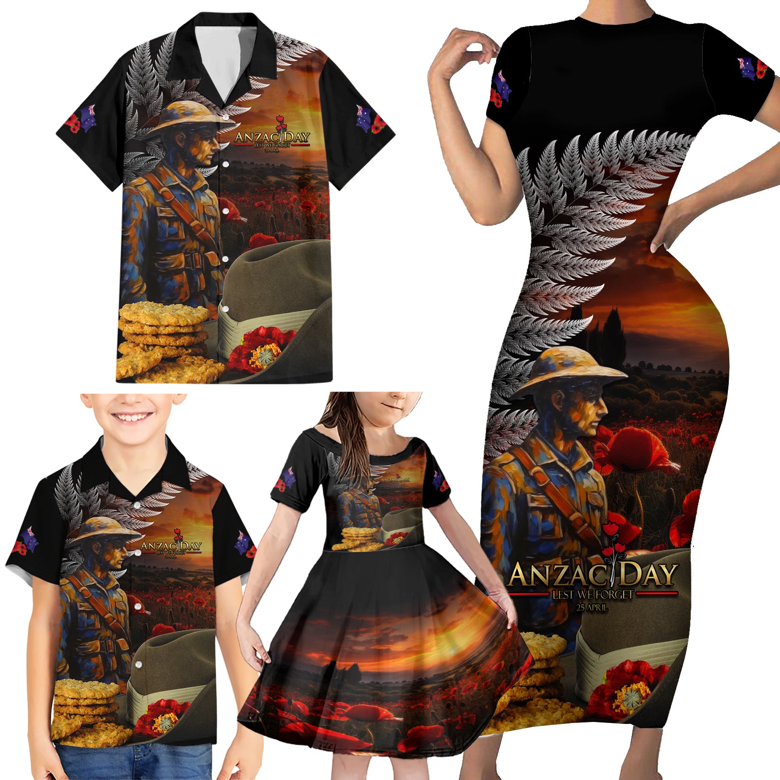 Slouch Hat and Biscuits ANZAC Family Matching Short Sleeve Bodycon Dress and Hawaiian Shirt with Soldier Silver Fern LT03 - Polynesian Pride