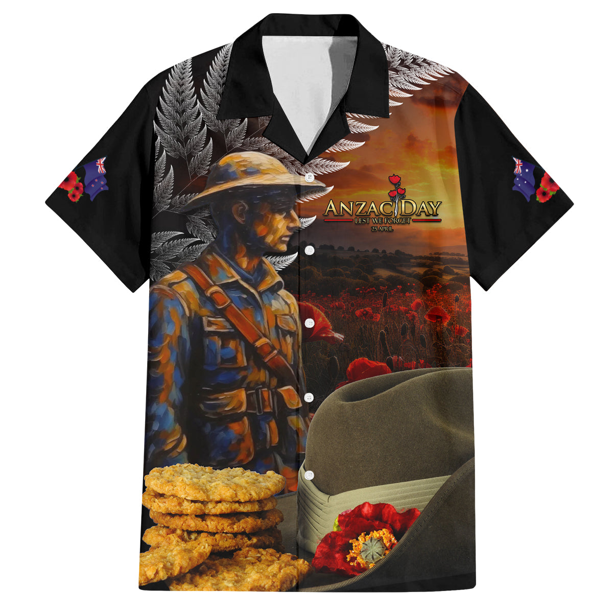 Slouch Hat and Biscuits ANZAC Family Matching Summer Maxi Dress and Hawaiian Shirt with Soldier Silver Fern LT03 Dad's Shirt - Short Sleeve Black - Polynesian Pride