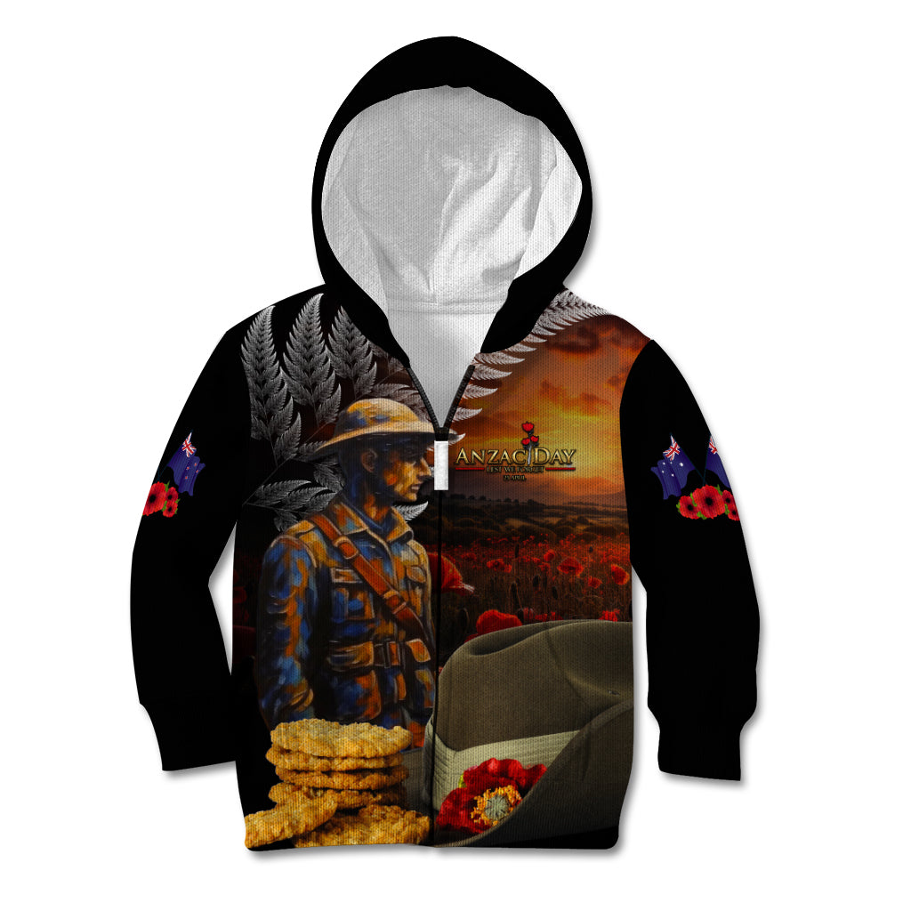 Slouch Hat and Biscuits ANZAC Kid Hoodie with Soldier Silver Fern LT03 Zip Hoodie Black - Polynesian Pride