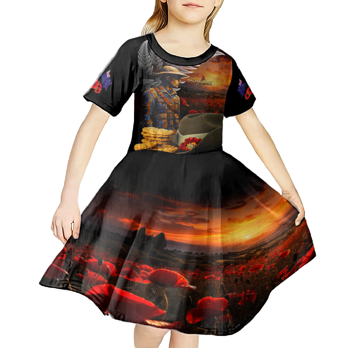 Slouch Hat and Biscuits ANZAC Kid Short Sleeve Dress with Soldier Silver Fern LT03 - Polynesian Pride