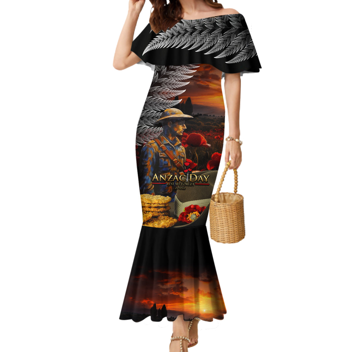 Slouch Hat and Biscuits ANZAC Mermaid Dress with Soldier Silver Fern LT03 Women Black - Polynesian Pride