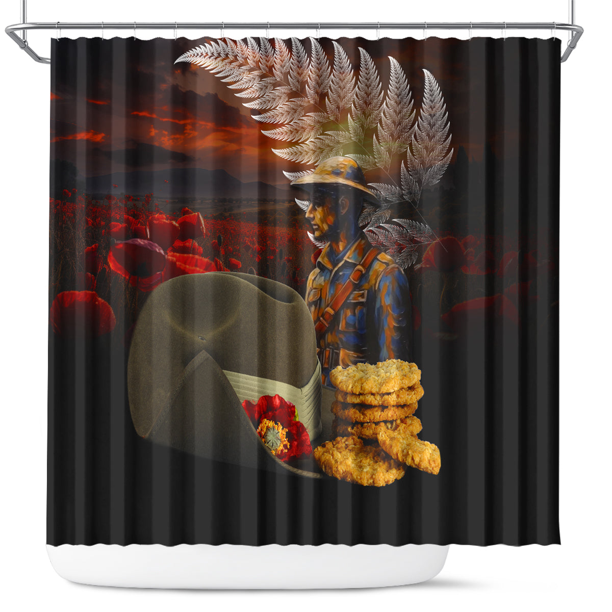 Slouch Hat and Biscuits ANZAC Shower Curtain with Soldier Silver Fern LT03 Black - Polynesian Pride