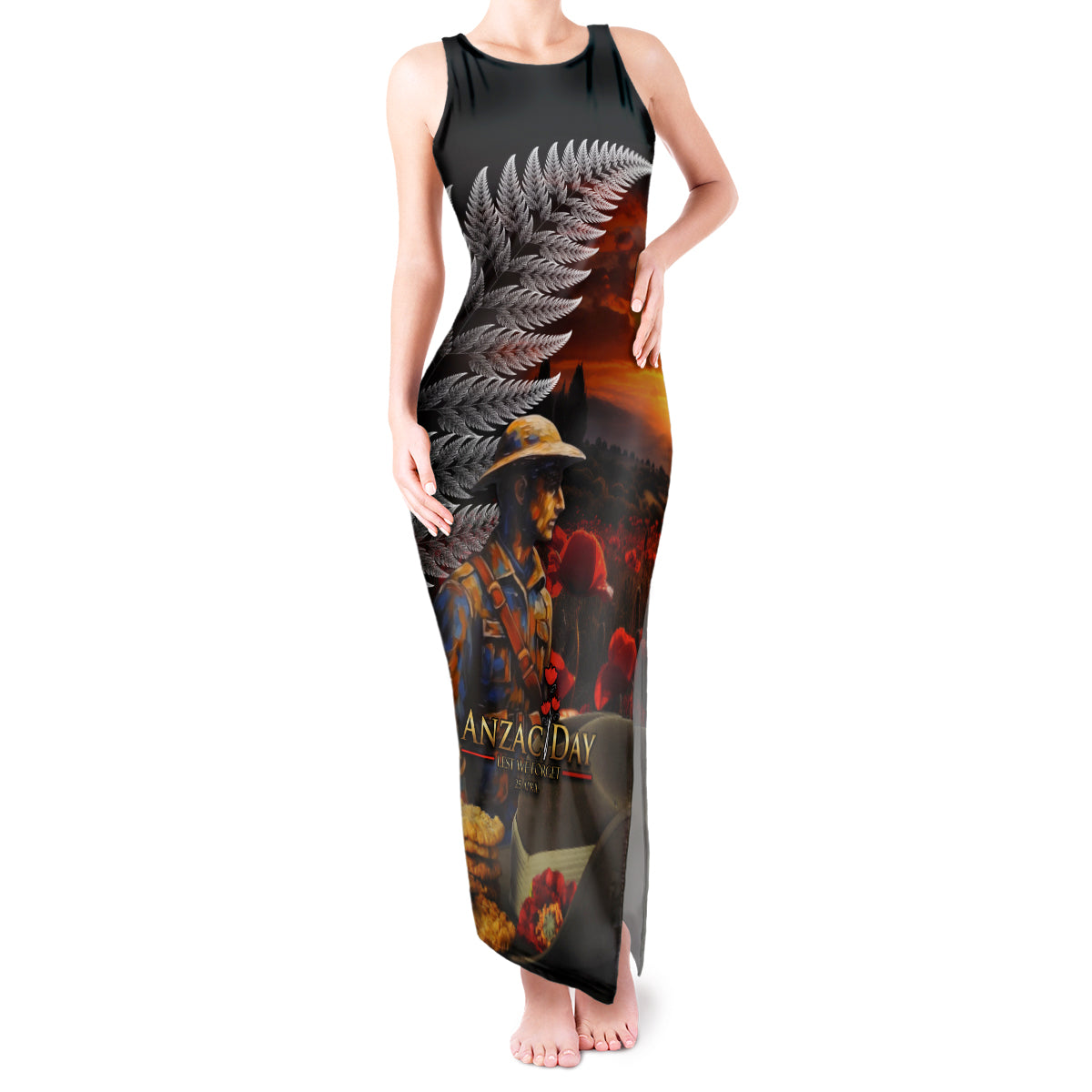 Slouch Hat and Biscuits ANZAC Tank Maxi Dress with Soldier Silver Fern LT03 Women Black - Polynesian Pride