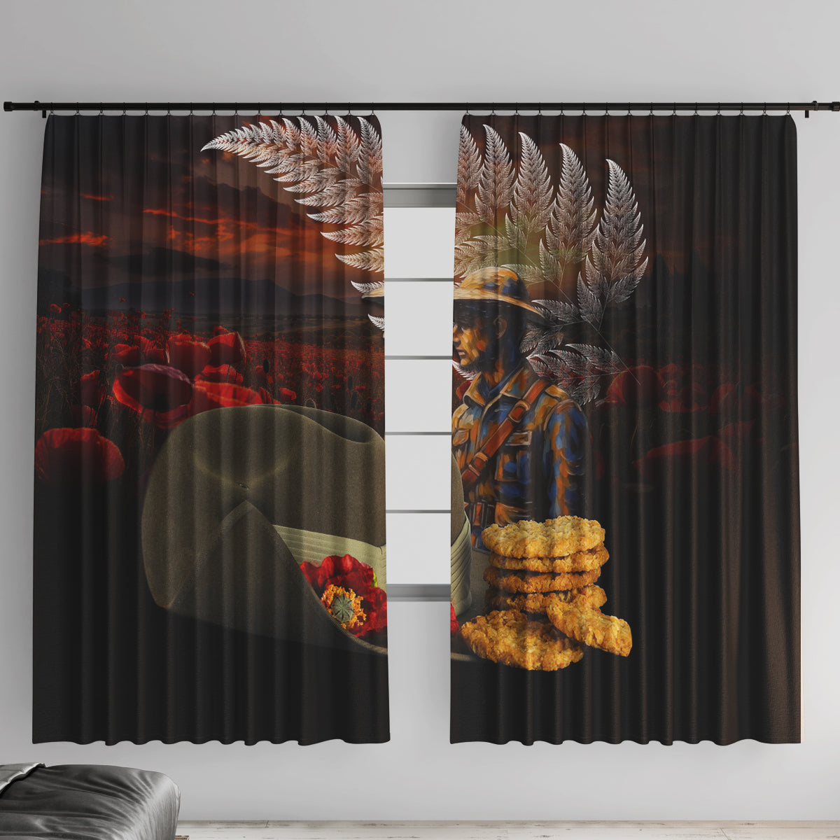 Slouch Hat and Biscuits ANZAC Window Curtain with Soldier Silver Fern LT03 With Hooks Black - Polynesian Pride