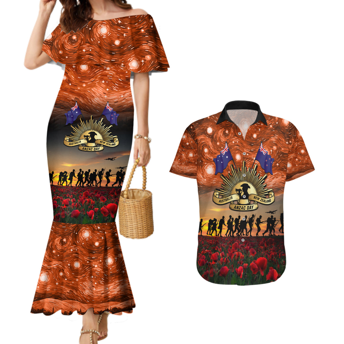 The Rising Sun Badge ANZAC Couples Matching Mermaid Dress and Hawaiian Shirt Last Post Field of Poppy Starry Night Style LT03 Black - Polynesian Pride