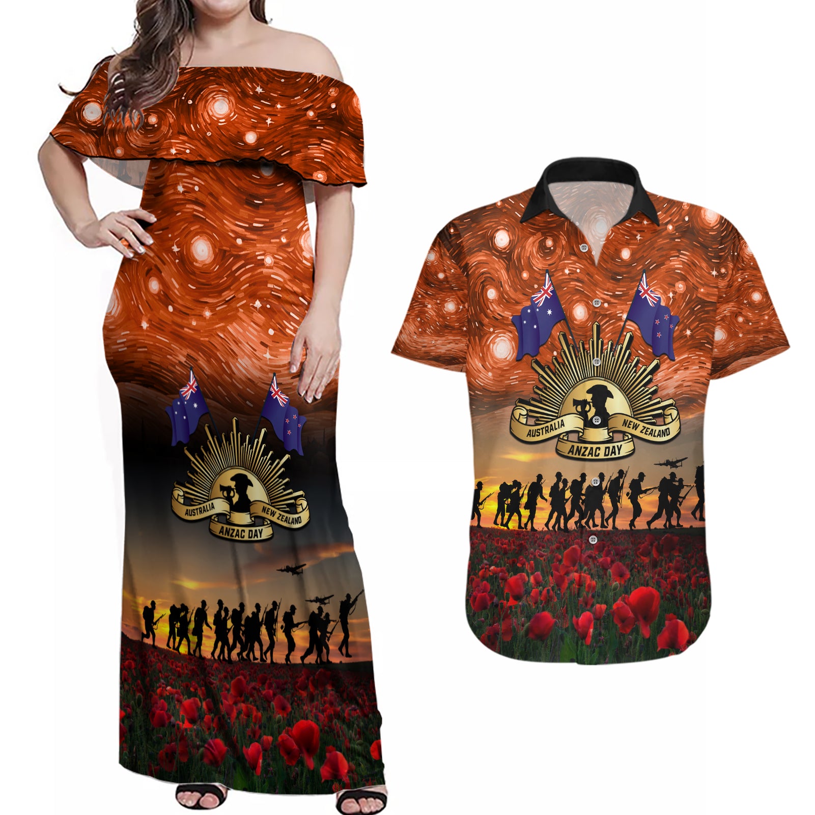 The Rising Sun Badge ANZAC Couples Matching Off Shoulder Maxi Dress and Hawaiian Shirt Last Post Field of Poppy Starry Night Style LT03 Black - Polynesian Pride