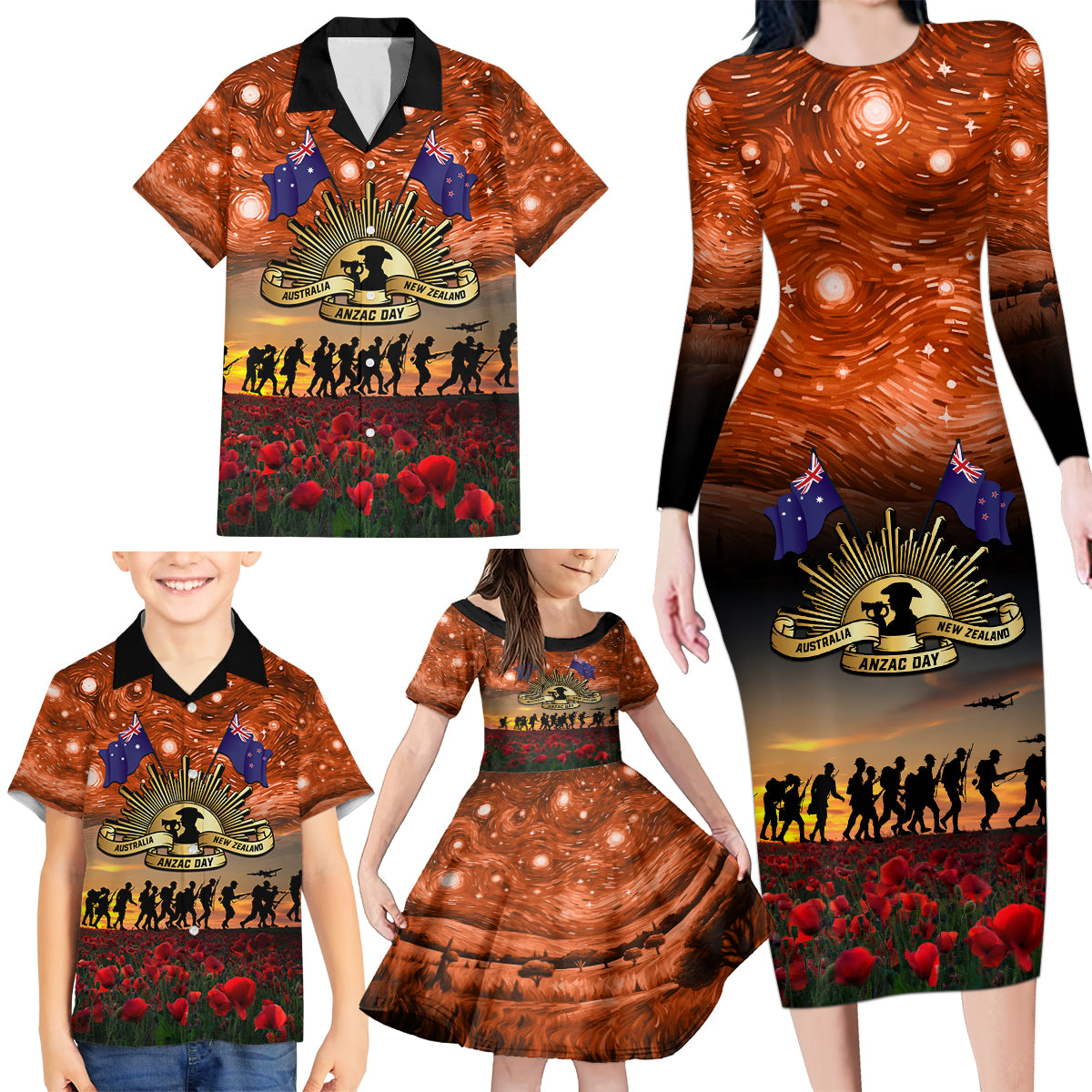 The Rising Sun Badge ANZAC Family Matching Long Sleeve Bodycon Dress and Hawaiian Shirt Last Post Field of Poppy Starry Night Style LT03 - Polynesian Pride