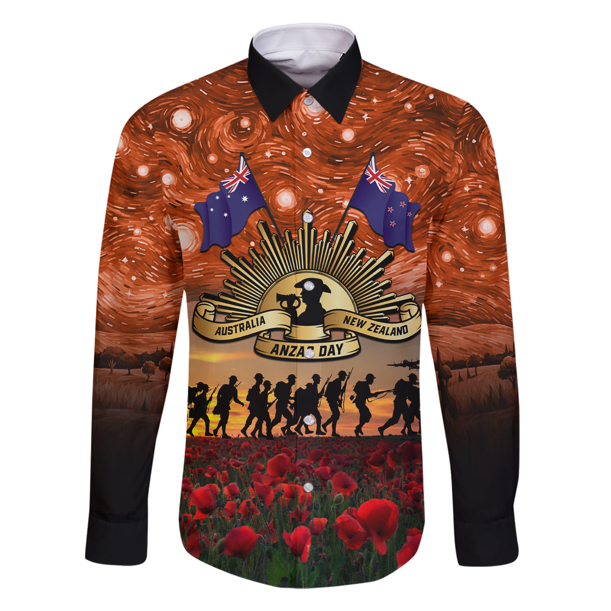 The Rising Sun Badge ANZAC Family Matching Mermaid Dress and Hawaiian Shirt Last Post Field of Poppy Starry Night Style LT03 Dad's Shirt - Long Sleeve Black - Polynesian Pride