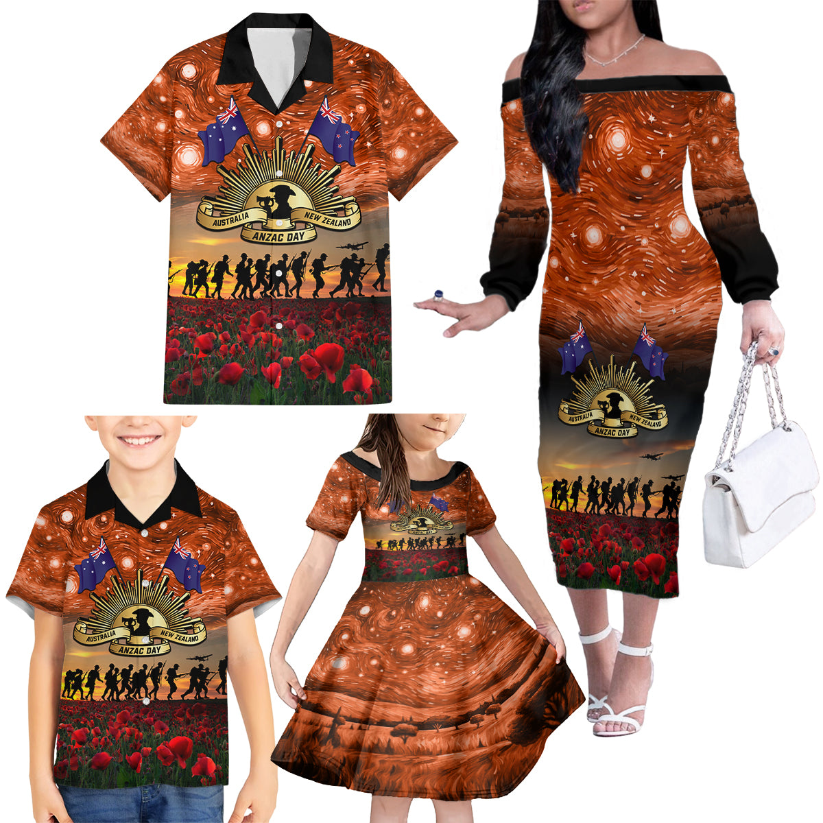 The Rising Sun Badge ANZAC Family Matching Off Shoulder Long Sleeve Dress and Hawaiian Shirt Last Post Field of Poppy Starry Night Style LT03 - Polynesian Pride