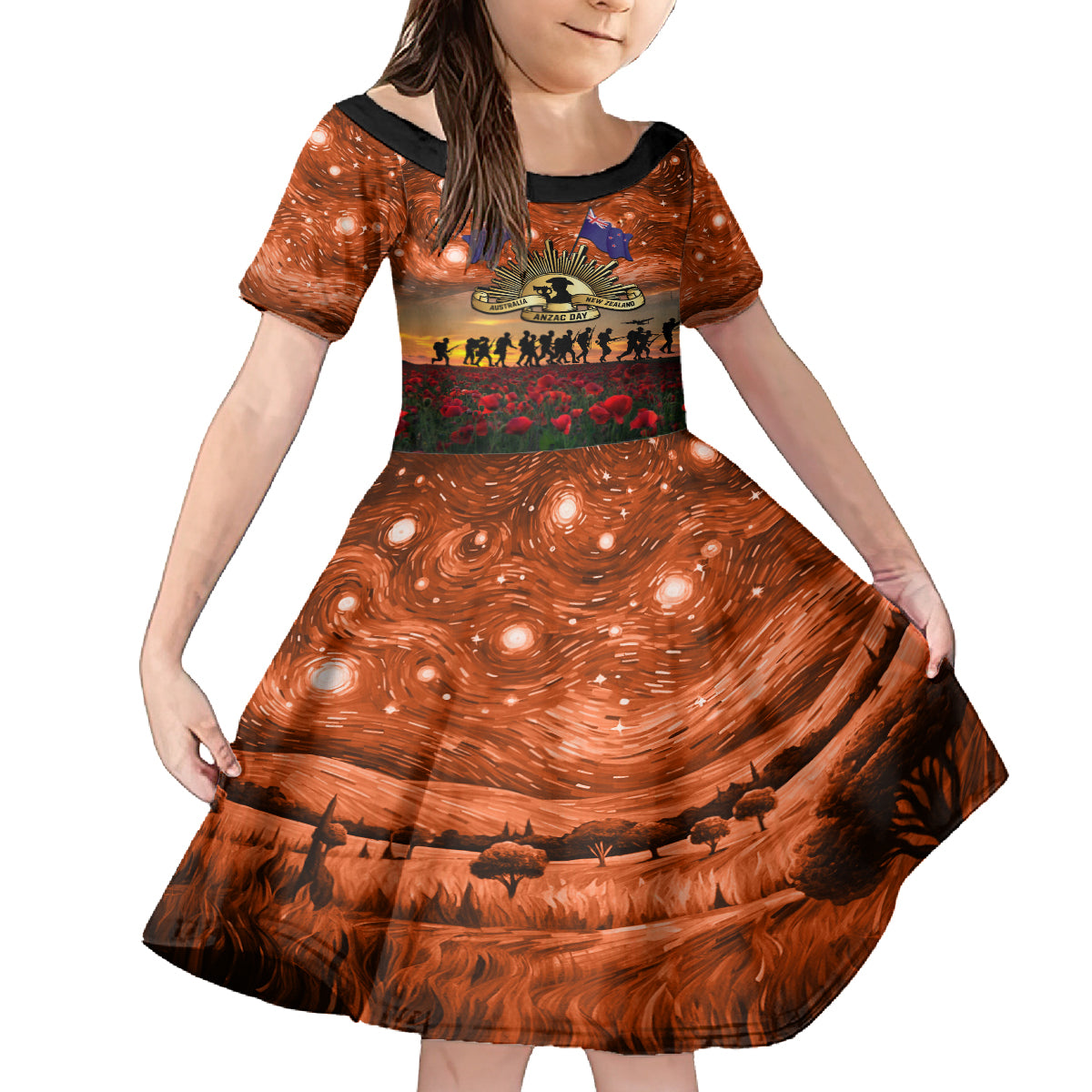 The Rising Sun Badge ANZAC Family Matching Off Shoulder Maxi Dress and Hawaiian Shirt Last Post Field of Poppy Starry Night Style LT03 Daughter's Dress Black - Polynesian Pride