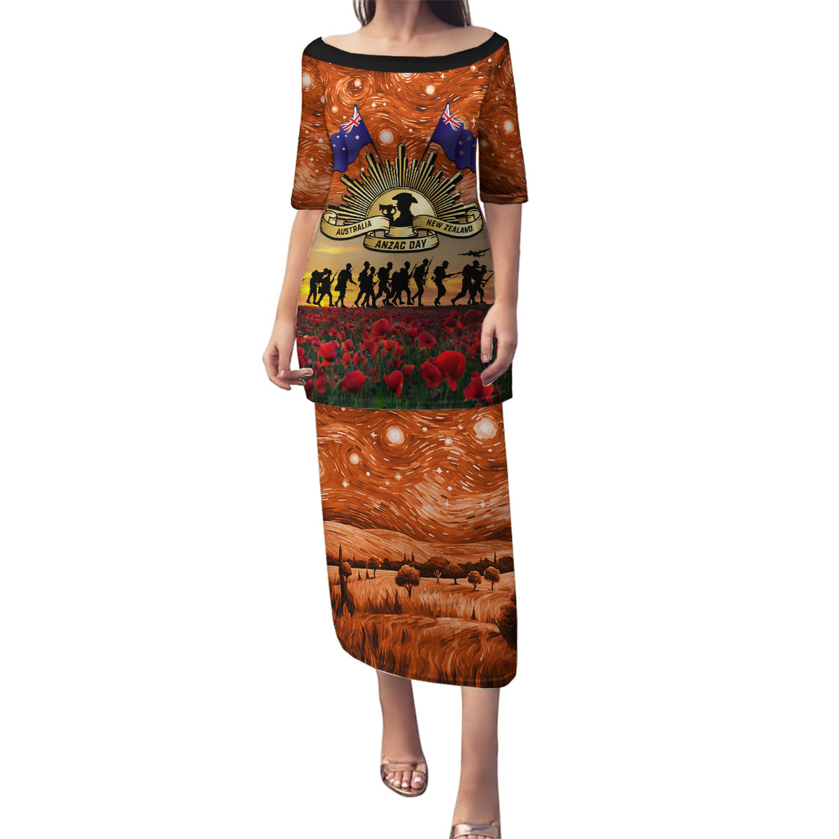 The Rising Sun Badge ANZAC Family Matching Puletasi and Hawaiian Shirt Last Post Field of Poppy Starry Night Style LT03 Mom's Dress Black - Polynesian Pride