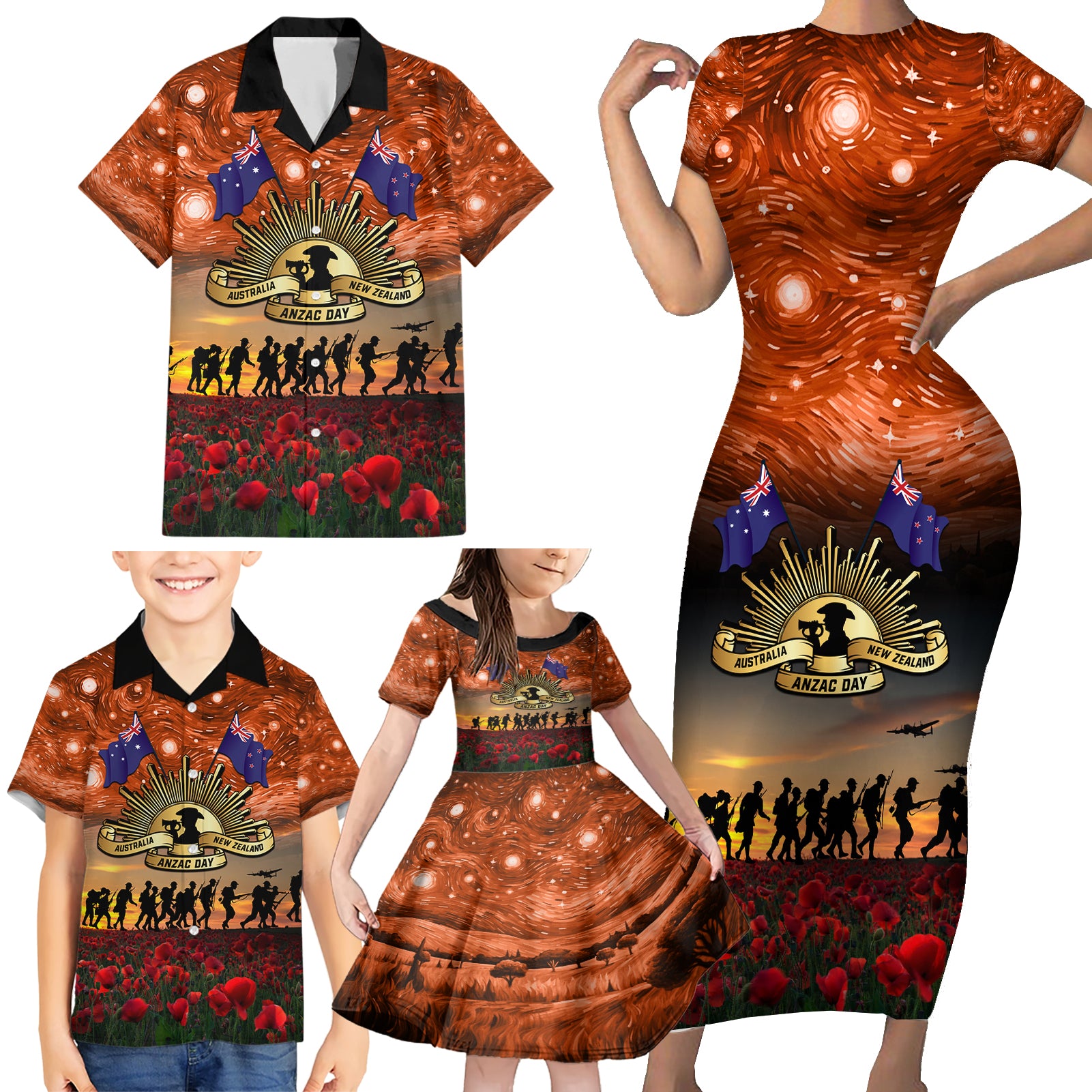 The Rising Sun Badge ANZAC Family Matching Short Sleeve Bodycon Dress and Hawaiian Shirt Last Post Field of Poppy Starry Night Style LT03 - Polynesian Pride