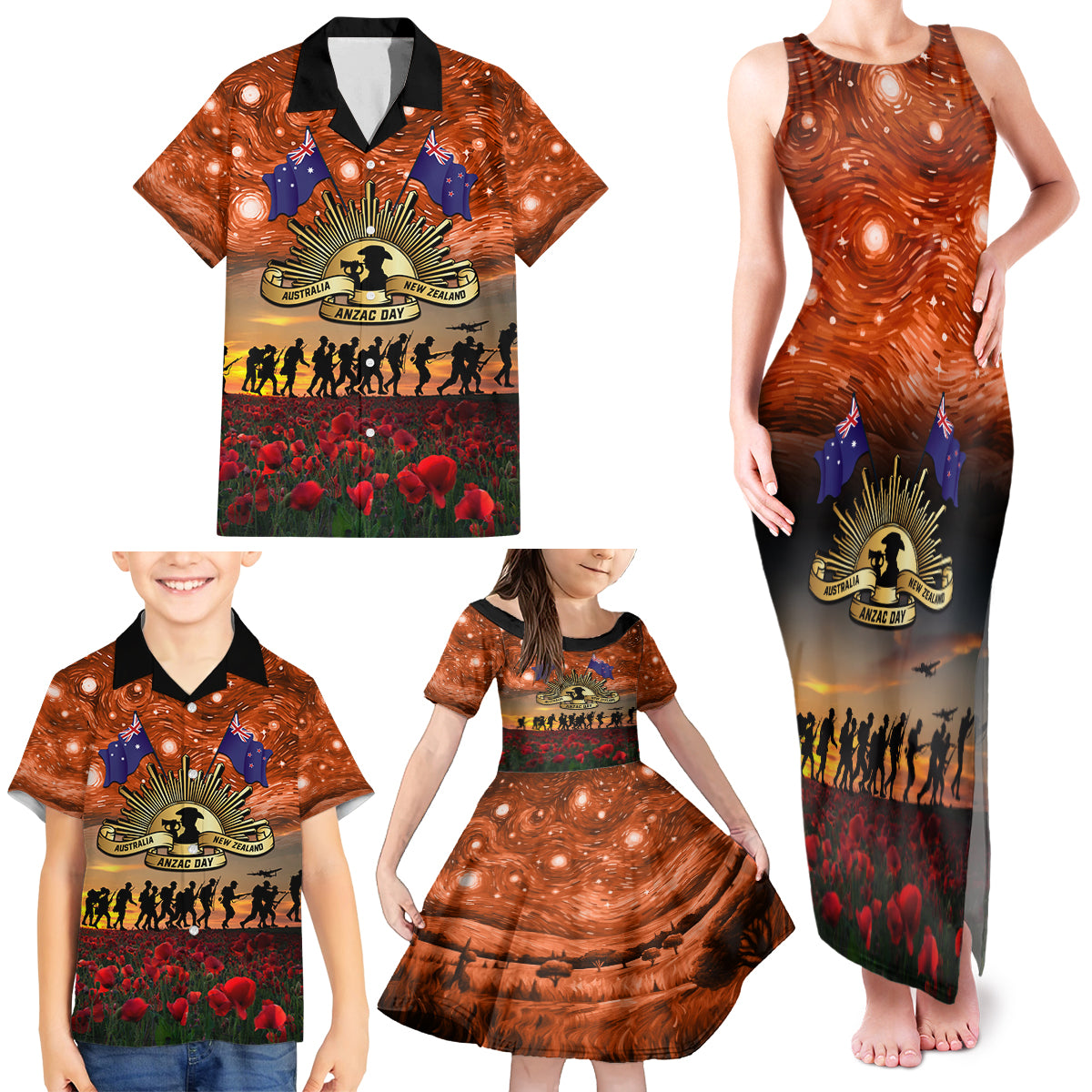 The Rising Sun Badge ANZAC Family Matching Tank Maxi Dress and Hawaiian Shirt Last Post Field of Poppy Starry Night Style LT03 - Polynesian Pride