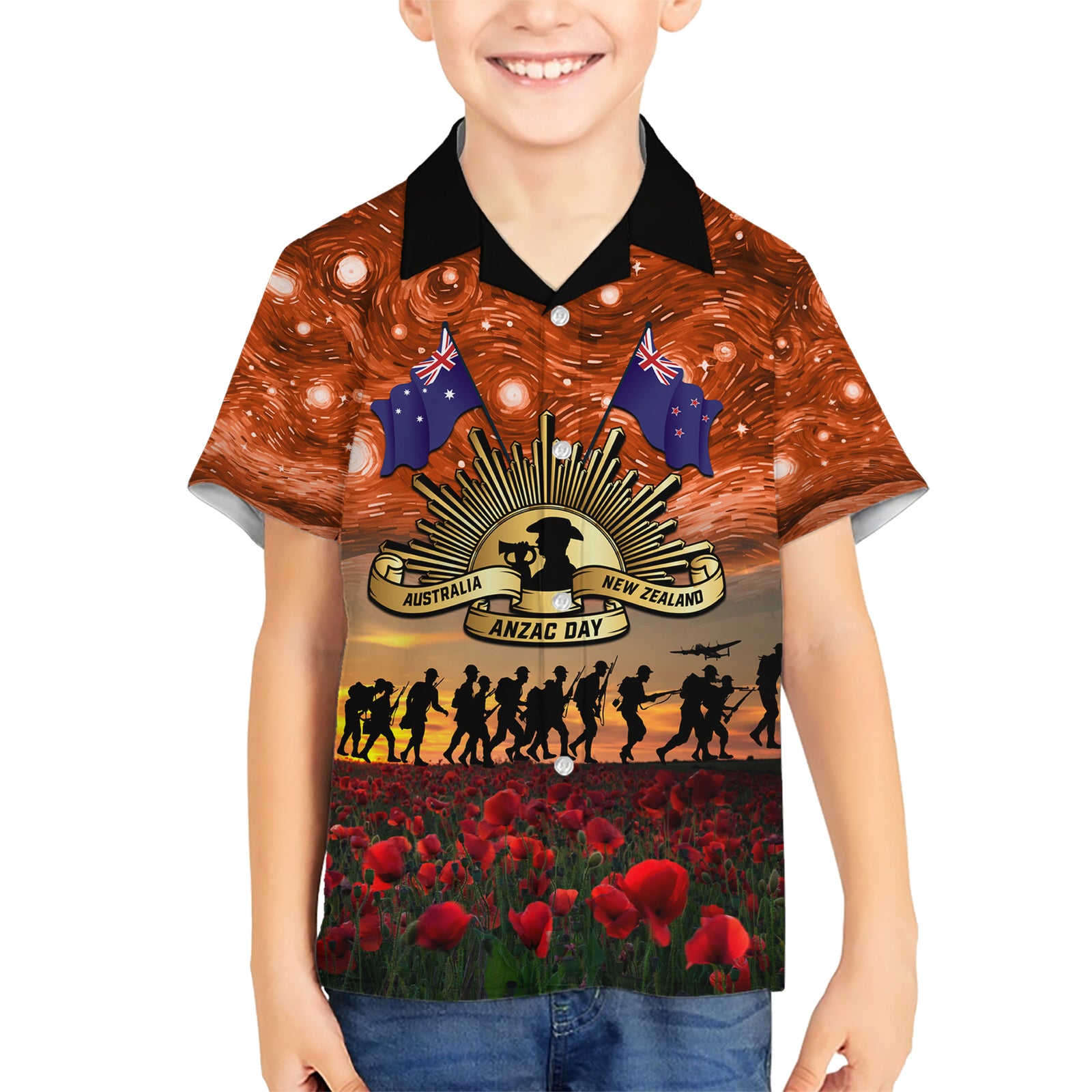 The Rising Sun Badge ANZAC Kid Hawaiian Shirt Last Post Field of Poppy Starry Night Style LT03 Kid Black - Polynesian Pride