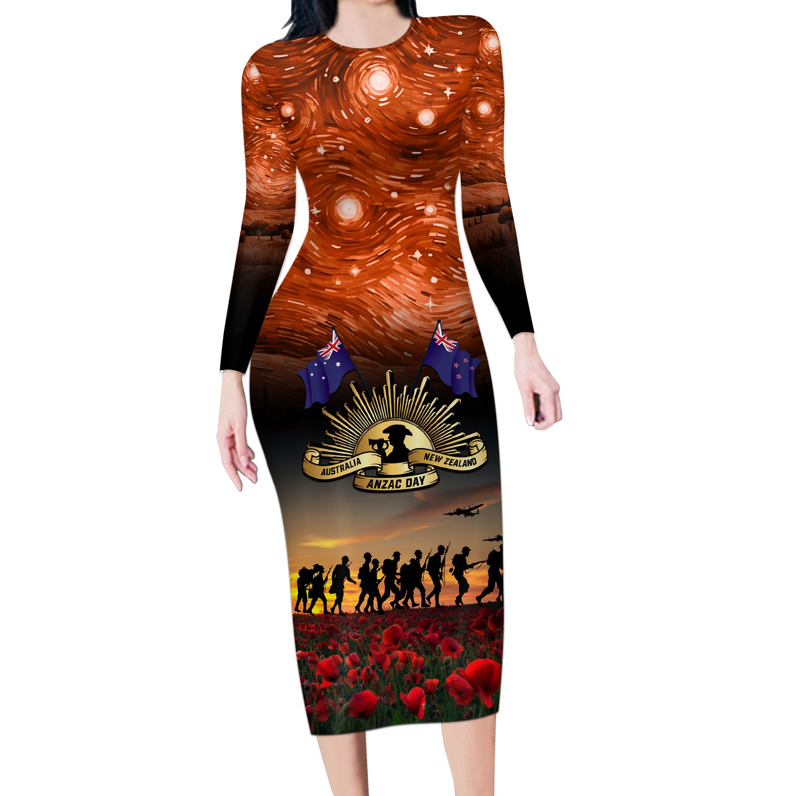 The Rising Sun Badge ANZAC Long Sleeve Bodycon Dress Last Post Field of Poppy Starry Night Style LT03 Long Dress Black - Polynesian Pride