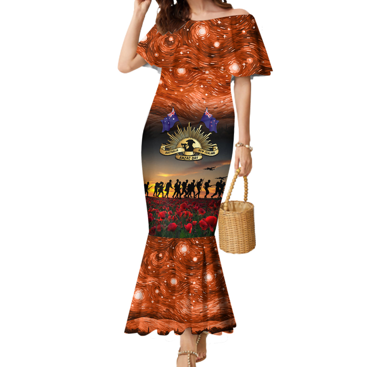 The Rising Sun Badge ANZAC Mermaid Dress Last Post Field of Poppy Starry Night Style LT03 Women Black - Polynesian Pride