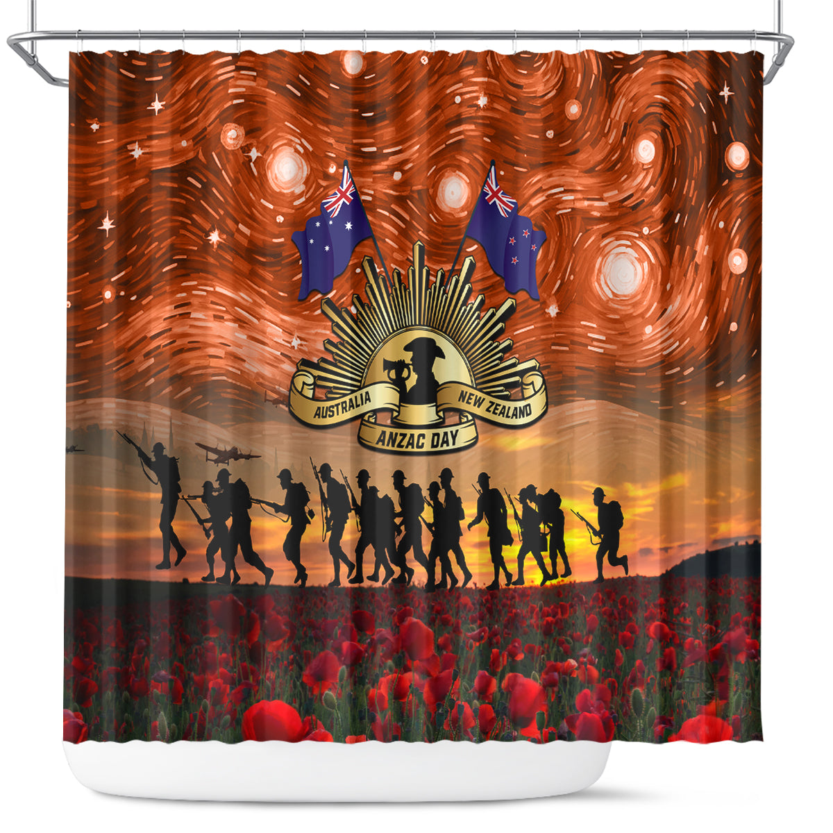 The Rising Sun Badge ANZAC Shower Curtain Last Post Field of Poppy Starry Night Style LT03 Black - Polynesian Pride