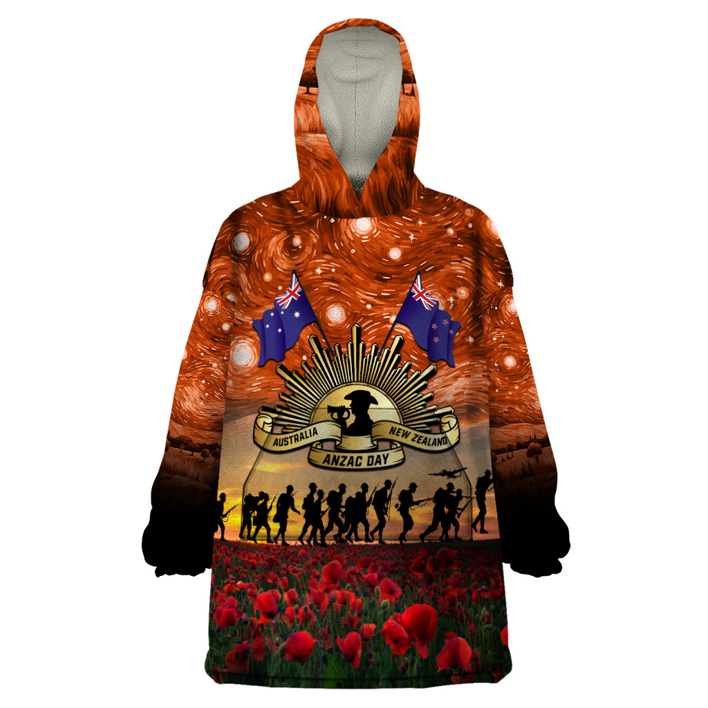 The Rising Sun Badge ANZAC Wearable Blanket Hoodie Last Post Field of Poppy Starry Night Style LT03 One Size Black - Polynesian Pride