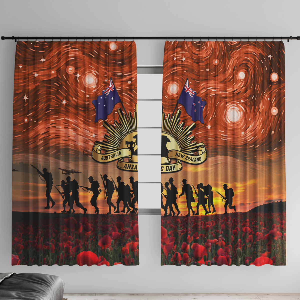 The Rising Sun Badge ANZAC Window Curtain Last Post Field of Poppy Starry Night Style LT03 With Hooks Black - Polynesian Pride