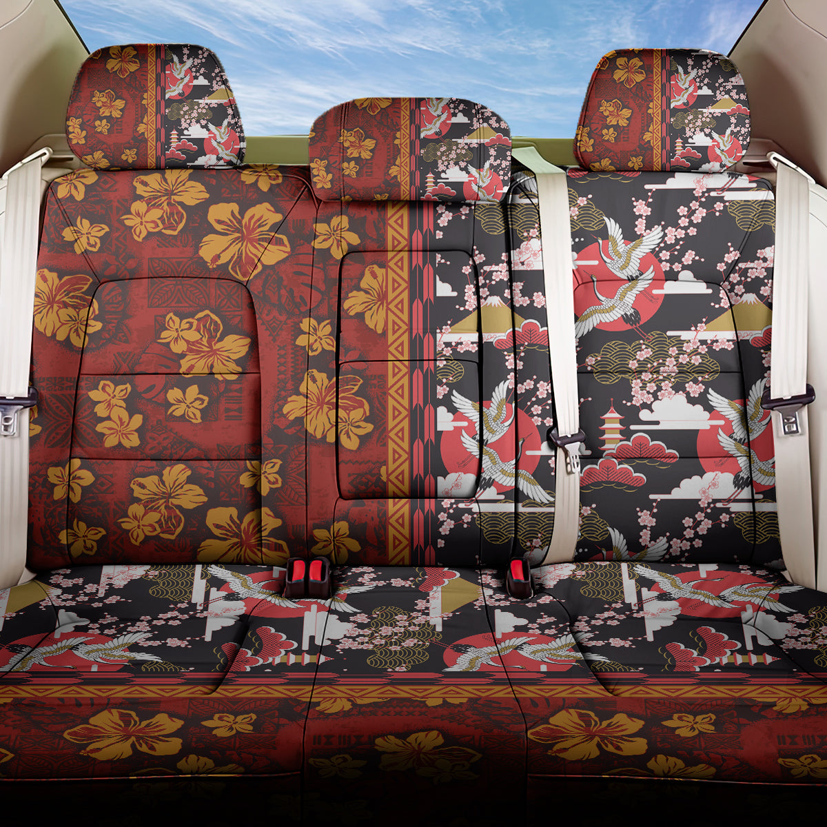 Japanese Culture Hawaii Style Back Car Seat Cover Hawaiian Tribal and Japanese Pattern Together Culture LT03