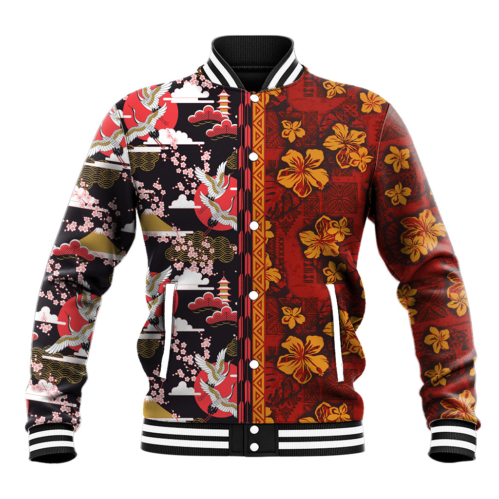 Japanese Culture Hawaii Style Baseball Jacket Hawaiian Tribal and Japanese Pattern Together Culture LT03 Unisex Red - Polynesian Pride