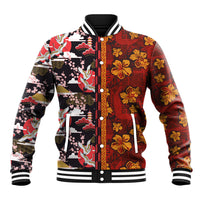 Japanese Culture Hawaii Style Baseball Jacket Hawaiian Tribal and Japanese Pattern Together Culture LT03 Unisex Red - Polynesian Pride