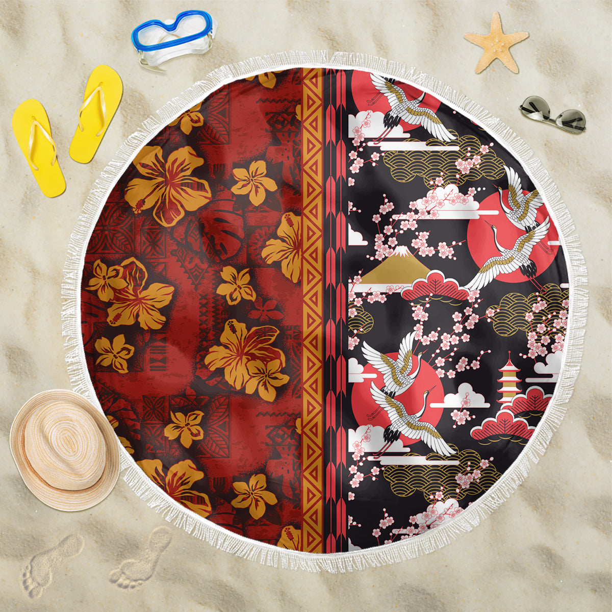 Japanese Culture Hawaii Style Beach Blanket Hawaiian Tribal and Japanese Pattern Together Culture LT03 One Size 150cm Red - Polynesian Pride