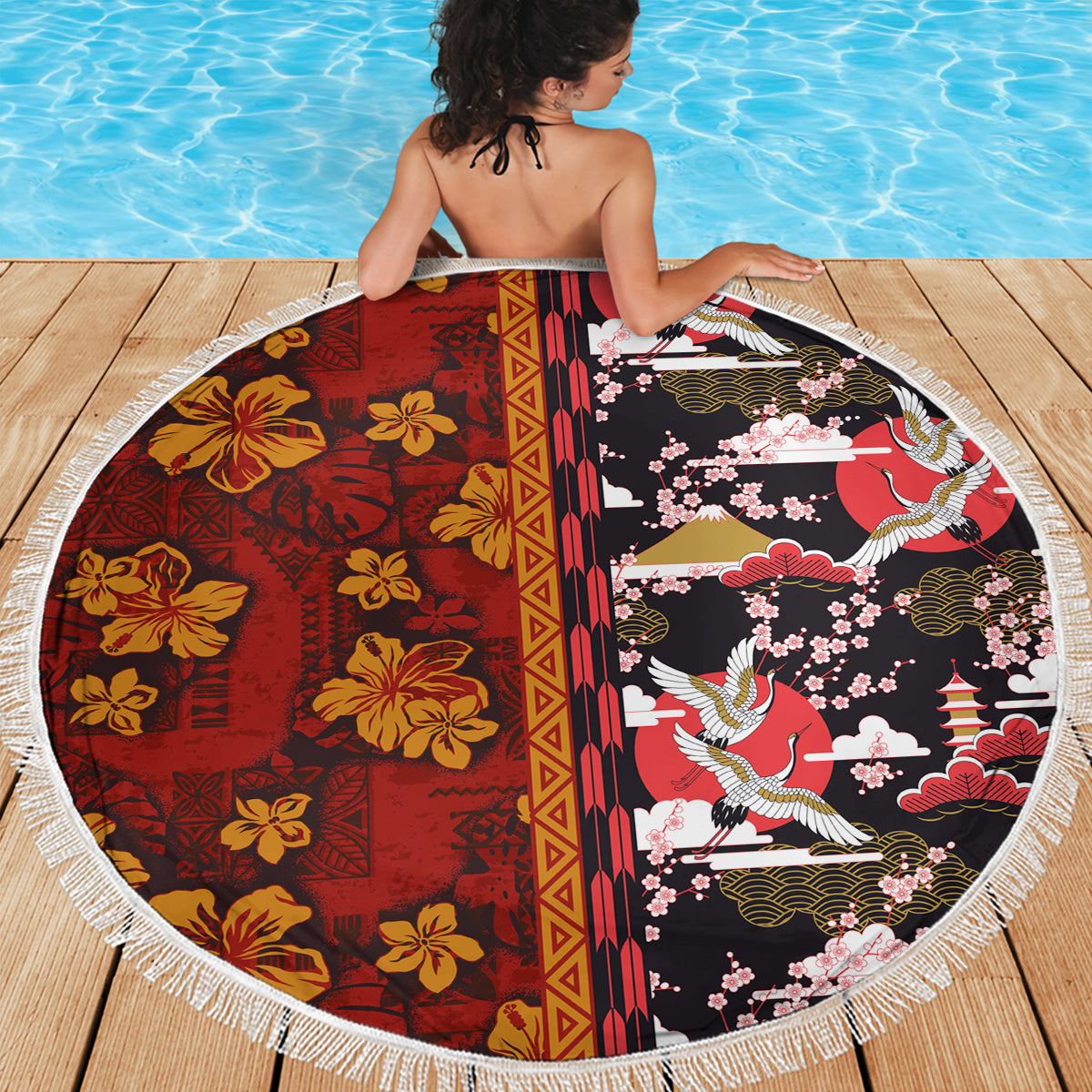 Japanese Culture Hawaii Style Beach Blanket Hawaiian Tribal and Japanese Pattern Together Culture LT03 - Polynesian Pride